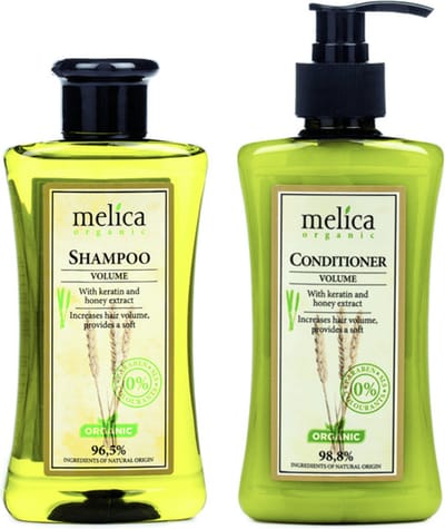 2 x MELICA ORGANIC Biologisch KERATINE VOLUME SET 96,5% Natuurlijke BIO VOLUME Versterkende SHAMPOO en 98,8% Natuurlijke BIO Voedende VOLUME CONDITIONER met KERATINE en HONING EXTRACT Zonder Parabenen, SLS 600ml