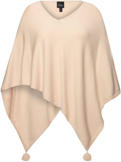 Ulla Popken - Dames - Gebreide poncho ritszoom kwastje V-hals mouwloos - Klassiek natuur melange - Maat 1+