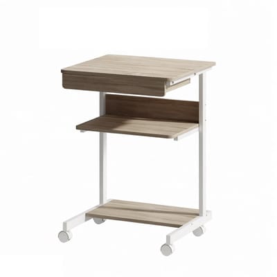 Mobiel bureau met lade en planken stevige en duurzame ontwerp met vier vergrendelbare wielen makkelijk te verplaatsen en vast te zetten geschikt voor appartementen, studentenkamers, slaapkamers 56x51x79 cm wit + naturel