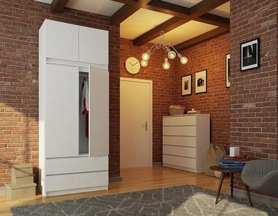 Grote Kledingkast 4 Deurs met Lades en Kledingstang 234x90x51 cm – Witte Moderne Garderobekast met 6 Planken – Extra Opbergruimte – Slaapkamer Kast – Mobili Bella