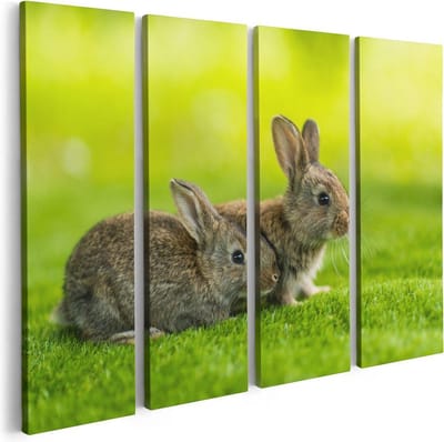 Artaza Canvas Schilderij Vierluik Twee Konijnen Op Het Groene Gras - 80x60 - Foto Op Canvas - Canvas Print