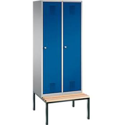 Kapstok Evolo S 3000, staal, met aangebouwde zitbank, 2 compartimenten allebei met B 400 mm, cilinderslot, blank aluminium RAL 9006/gentiaanblauw RAL 5010