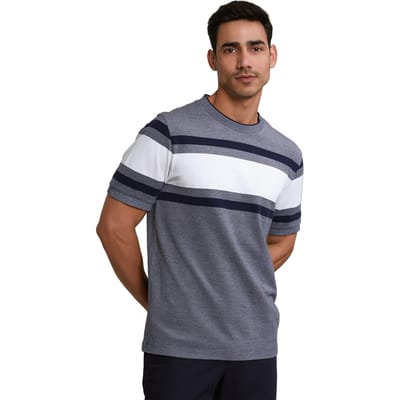 River Woods Custom Fit Sporty Striped T-shirt Navy Size: 3XL | Basic T-Shirts Outlet | Heren | Blauw