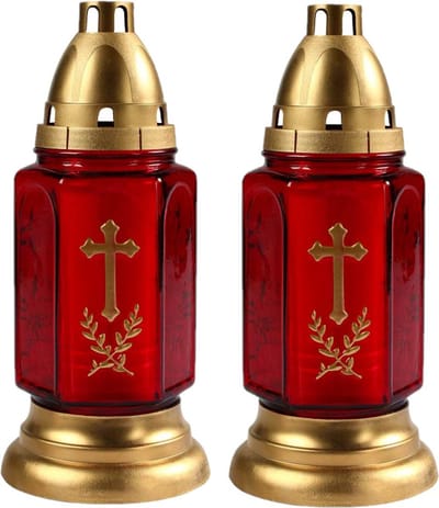 2x stuks grafkaarsen/gedenklichten met deksel rood/goud 11 x 24 cm - 3 dagen brandtijd - Graflichten/herdenkingslichten