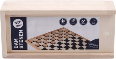 Damstenen 35 mm – Essenhouten Damstenen in Houten Kist met Schuifdeksel – Luxe Houten Spelstukken – Engelhart