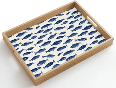 Dienblad hout 50x35 cm - Schootdienblad - Vissen - Patroon - Blauw - Wit - Borrelplank rechthoek - Plateau dienbladen