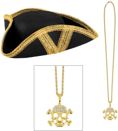 Boland Verkleedkleding set piratenhoed - zwart/goud - met gouden piraten thema ketting - Piraten feest accessiores - dames/heren