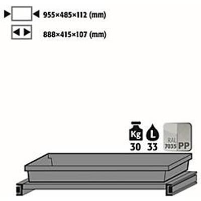 Uittrekbaar plateau voor asecos chemiekasten serie CS en CX, plaatstaal/polypropyleen, lichtgrijs, B 955 x D 485 x H 112 mm, 33 l, tot 30 kg
