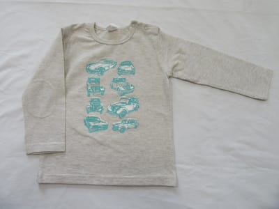 dirkje , jongens , t-shirt lange mouw , ecru , auto retro  groen , 80 - 12 maand