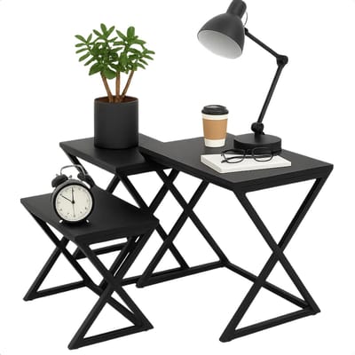 Lomera Bijzettafels Set van 3 - X-Shaped Bijzettafels - Metaal Frame - MDF Gefineerd Tafelblad - Zwart Frame - Zwart Tafelblad - Compacte Bijzettafels - Stijlvolle Bijzettafels - Functionele Bijzettafels - Veelzijdige Bijzettafels