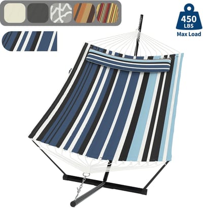 Hangmat Met Standaard - Schommelbed Binnen en Buiten - Afneembaar Kussen - 200kg Draagvermogen - Balans Touw - Voor Tuin Balkon Terras - Blauwe Strepen