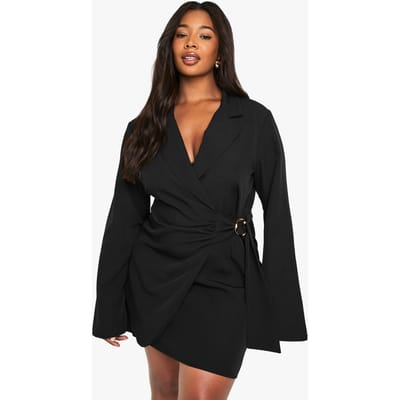 boohoo Dames Plus Gesp Detail Strik Taille Op Maat Gemaakte Blazerjurk | Zwart | Maat: 44