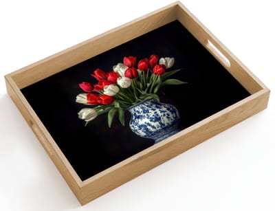 Dienblad hout 40x30 cm - Schootdienblad - Rode - Bloemen - Tulpen - Vaas - Borrelplank rechthoek - Plateau dienbladen
