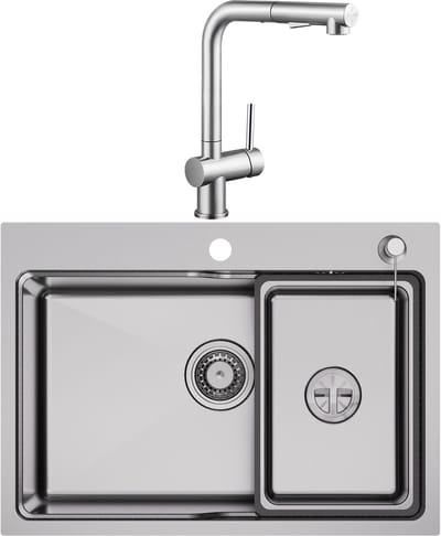 Auralum max Spoelbak Keuken 68x48CM - Enkele spoelbakken Met Keukenkraan met Uittrekbare Uitloop - Met Korf, Zeepdispenser en Afvoerset - Voor 80 cm Kast