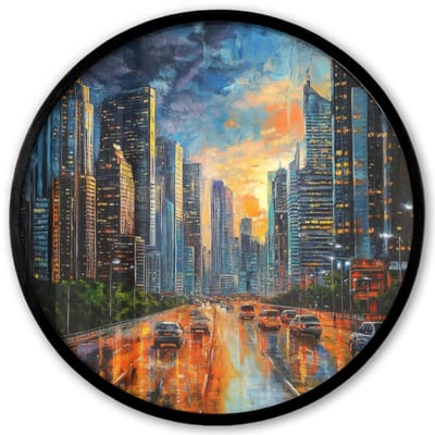 Poster in lijst Rond - Fotolijst 40x40 cm - Posters - Auto - Skyline - Zon - Blauw - Ronde posterlijst zwart - Decoratie - Wanddecoratie woonkamer - Muurdecoratie slaapkamer