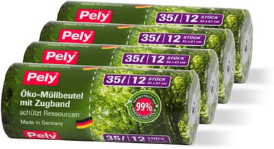 Pely® | 4 x 12 stuks Eco-trekband vuilniszakken | 35 liter | pedaalemmerzakken 54 x 61 cm | 99% gerecycled materiaal | klimaat vriendelijk | Multipack