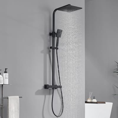 Auralum Max Regendouche met Thermostaatkraan - Douchesysteem Set - 10 inch Douchekop - Rechthoek Doucheset - Verstelbare Hoogte 82-125 cm - Waterbesparend - Zwart