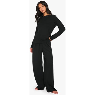 boohoo Dames Petite Pointelle pyjamaset met top met lange mouwen en wijde broek | Black | Maat: 8