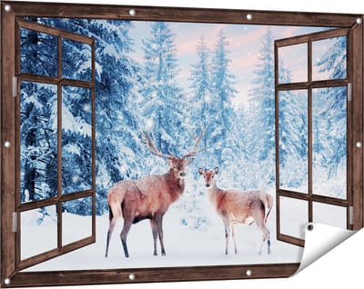 Gards Tuinposter Doorkijk Twee Herten in het Bos met Sneeuw - 120x80 cm - Tuindoek - Tuindecoratie - Wanddecoratie buiten - Tuinschilderij