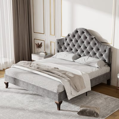 MEUNIQ gestoffeerd bed 140x200 cm met lattenbodem, verstelbaar hoofdbord en fluwelen bekleding, tweepersoons ledikant voor slaapkamer, grijs