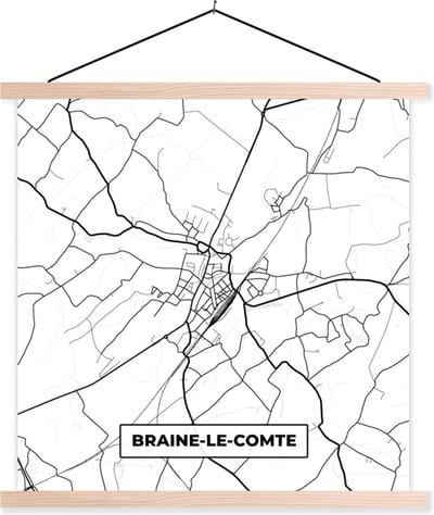 Posterhanger incl. Poster 40x40 cm - Schoolplaat - Stadskaart – Zwart Wit - Kaart – Braine le Comte – België – Plattegrond - Textielposter - Blanke latten - Stadskaart