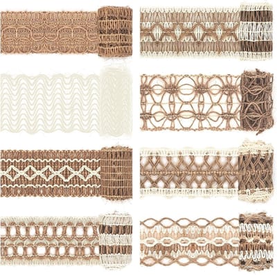 Natuurlijke Jute Lint Rollen met Kant - 8 Packs Decoratieve Touwen voor DIY Kunst en Ambachten, Verpakking voor Bruiloften en Feestdagen