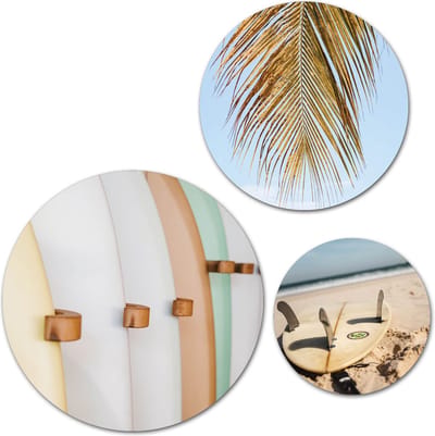 Forex Muurcirkel Set -  Set Surfboards en Palmblad - Set van 3 Wandcirkels met Ophangsystemen - 30x40x50