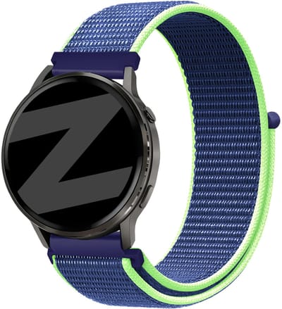Bandz Nylon Loop Strap 18mm - horlogebandje geschikt voor Garmin Vivoactive 4S / Vivomove 3S / Venu 2S / Venu 3S / Forerunner 255S / Forerunner 265S / Venu 4 41mm - Blauw/Lime