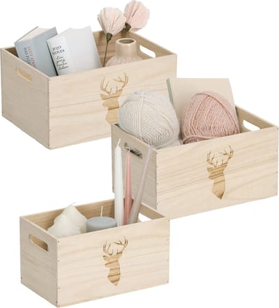Zeller Opberg box/kist - set van 3 - naturel - hout - gestempeld hertenmotief
