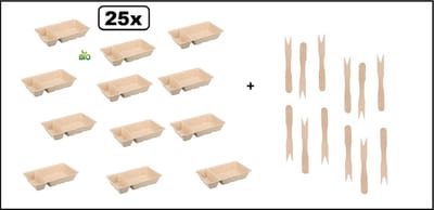 25x Bio Frietbakje A7 met sausvak + 25x Houten snackvork - Festival verjaardag food patatje friet patat frites saus friet