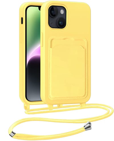 Hoesje Geschikt voor iPhone 13 Hoesje Met Telefoonkoord en Pasjeshouder Siliconen - Hoes Geschikt voor iPhone 13 Hoesje Met Kaarthouder Case - Geel