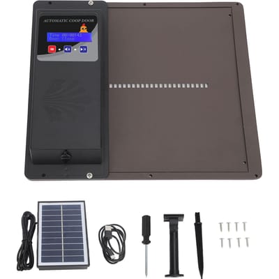 Ouvre-porte de poulailler automatique à énergie solaire USB avec minuterie, affichage LED programmable, 3 niveaux de puissance marron