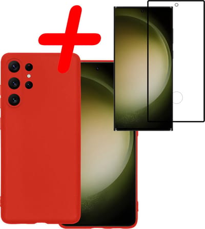 Hoesje Met Screenprotector - Geschikt voor Samsung Galaxy S23 Ultra - Sterk & Shockproof - Back Cover - Siliconen Case - Telefoon Hoes - Rood