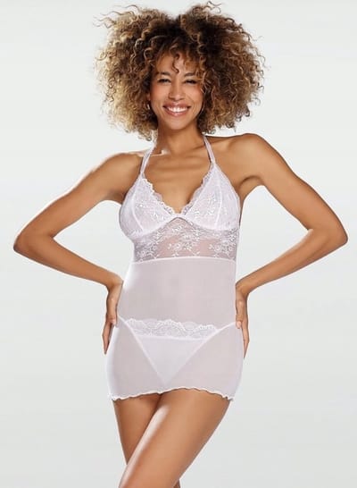 Sexy chemise met string set - tiul en kanten lingerie setje - DKaren Arizona- wit L