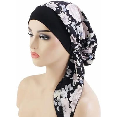 Dames Moslim Hijab Kanker Chemo Mutsen Bloemenprint Turban Muts Haarverlies Hoofddoek Elastisch moslim Hijab Sjaal Hoofdbedekking black