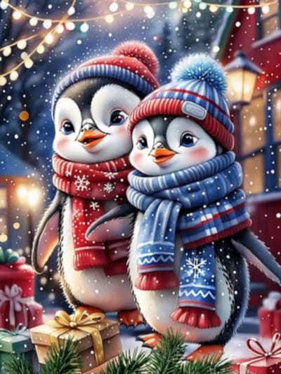 Diamond painting Kerst cadeau pinguins 30x40cm vierkante steentjes