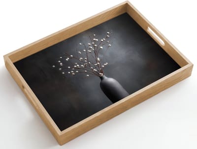 Dienblad hout 50x35 cm - Schootdienblad - Takken - Vaas - Bolletjes - Wit - Borrelplank rechthoek - Plateau dienbladen