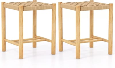 COSTWAY Set van 2 houten barkrukken, zithoogte 45 cm, met voetensteun, keukenstoel van gevlochten papier, bistrokruk voor keuken, eetkamer, achtertuin (36 x 36 x 45 cm)