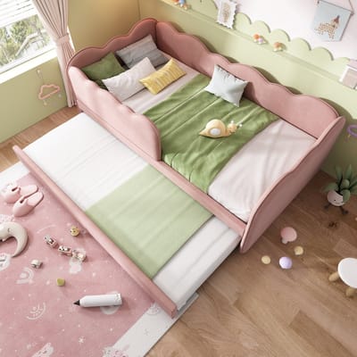 Slaapbank 90x190 cm - met uitschuifbaar bed - kinderbed met lattenbodem - roze - zonder matras