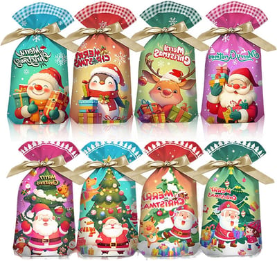 32 Kerstcadeauzakjes met Trekkoord in 8 Motieven, Perfecte Verpakking voor Snoep, Speelgoed en Kleine Geschenken, 15 × 23 + 3 cm