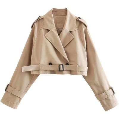 Dames Mode Riem Cropped Jas Lange Mouw Reverskraag Kort Jasje Vintage Chic Dubbelrijige Trenchcoats Dames Outfit XS