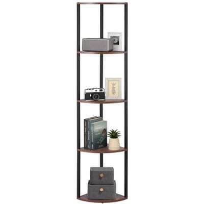 VEVOR 5-laags hoekschap, hoge hoekstandaard met led-verlichting, displayplank, opbergrek met metalen frame en houten planken, staande plank, tentoonstellingsboekenplank voor slaapkamer, woonkamer, kantoor, bruin