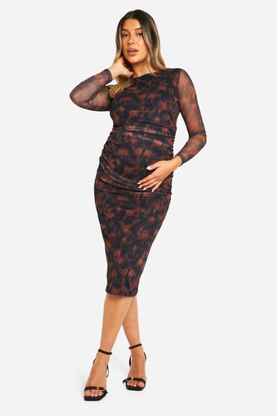 boohoo Dames Zwangerschapsjurk met wazige bloemenprint, mesh met geraffineerde details, lange mouwen, midaxi-jurk | Chocolate | Maat: 8