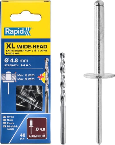 XL Head Blind Rivets Ø 4,8 mm - 9-12 mm Klemspaan, 40 Stuks, Set Inclusief Boor voor Rivet Grijpers