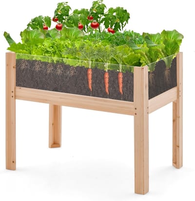 COSTWAY Verhoogd plantenbed van hout, 130 liter, verhoogd plantenbed met afvoergaten en transparante acrylplaten, kruidenbed, rechthoekig, tuinbed voor tuin, terras, balkon, natuurlijke plantenbak