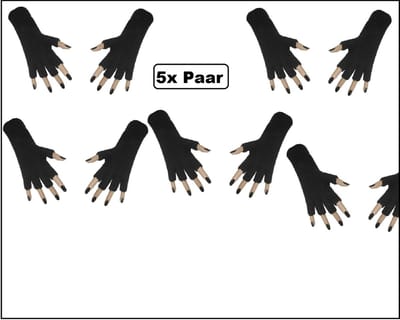 5x Set Vingerloze handschoenen zwart - Geleverd per 5 paar - Optocht themafeest carnaval