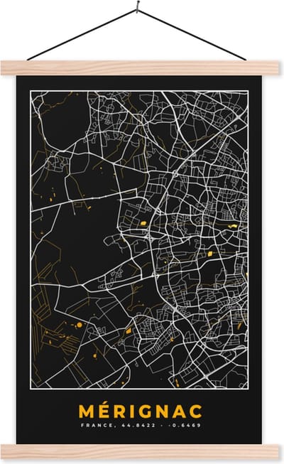 Posterhanger incl. Poster 40x60 cm - Schoolplaat - Plattegrond – Kaart – Stadskaart – Frankrijk – Mérignac - Textielposter - Blanke latten - Stadskaart