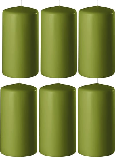 8x Olijf groene cilinderkaarsen/stompkaarsen 6 x 8 cm 27 branduren - Geurloze kaarsen olijf groen - Woondecoraties