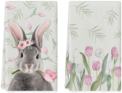 Dailygoods - Tulpen bladeren konijn theedoeken - Keukenaccessoires - 42 x 65 cm - Lente decoratie - Set van 2 - Machinewasbaar