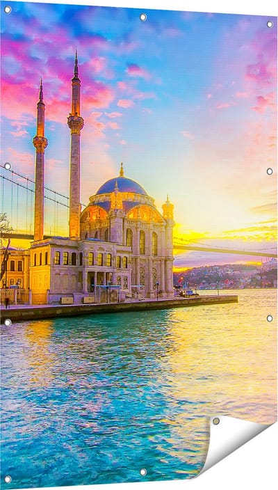 Gards Tuinposter Kleurrijke Ortakoy Moskee in Instanbul - 80x120 cm - Tuindoek - Tuindecoratie - Wanddecoratie buiten - Tuinschilderij